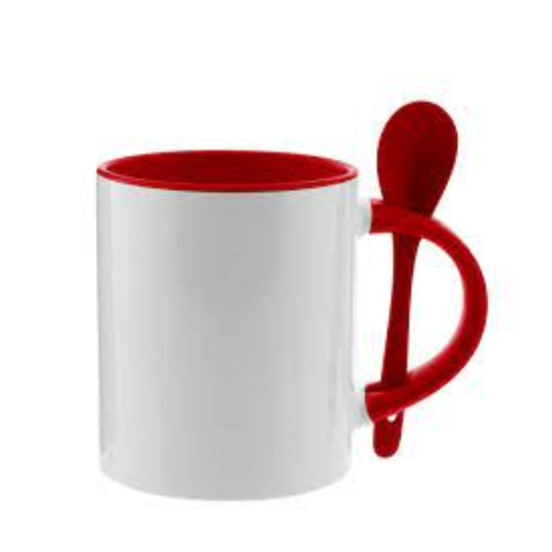 TAZA BLANCA INTERIOR ROJO CUCHARA Y ASA ROJA  11 oz FONDO PLANO PARA SUBLIMAR SUBLIMACION ENCOGRAPHICS