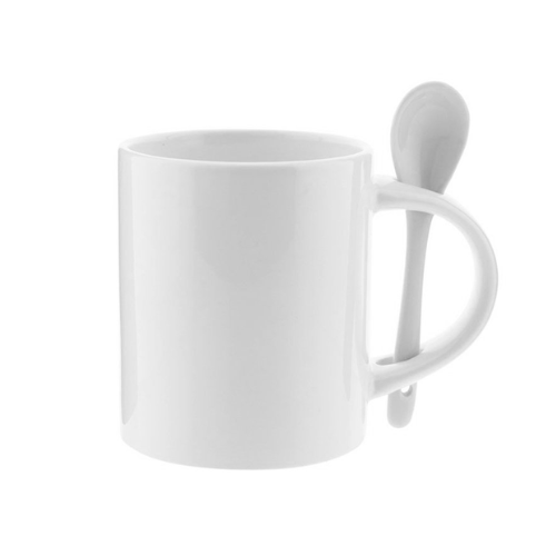 TAZA BLANCA INTERIOR BLANCO CUCHARA Y ASA BLANCA 11 OZ FONDO PLANO PARA SUBLIMAR SUBLIMACION ENCOGRAPHICS