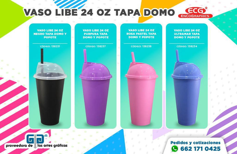 VASO LIBE 24 OZ CORAL TAPA DOMO Y POPOTE