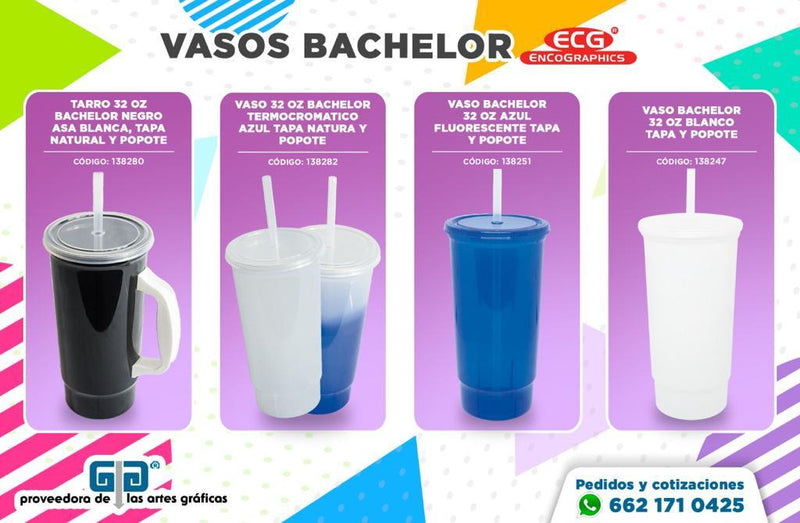 VASO BACHELOR 32 OZ BLANCO TAPA Y POPOTE