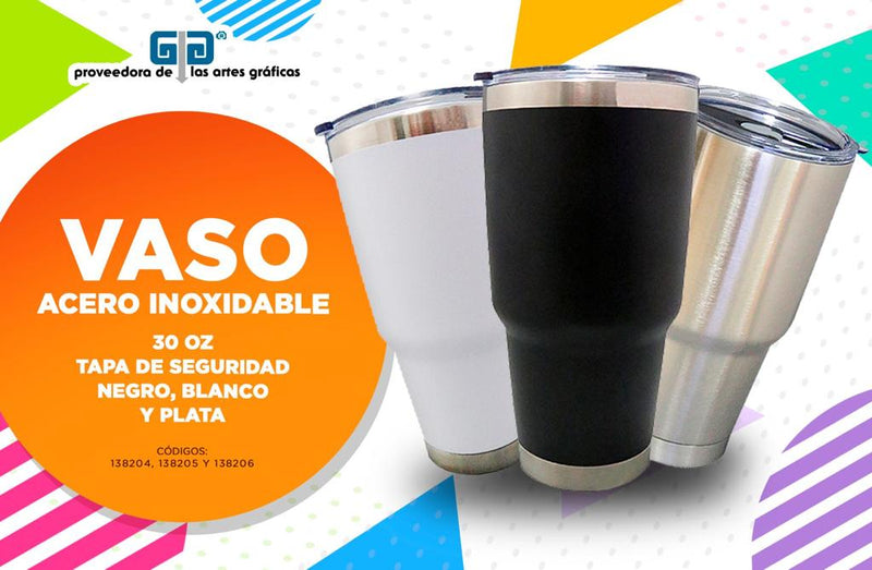 VASO ACERO INOXIDABLE 30 OZ PLATA ACERO TAPA SEGURIDAD