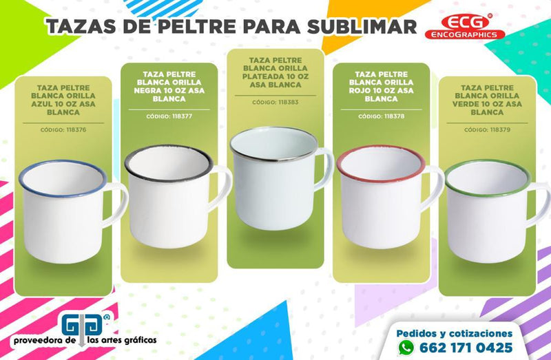 TAZA PELTRE BLANCA ORILLA ROJO 10 OZ ASA BLANCA PARA SUBLIMAR 290 ML SUBLIMACION ENCOGRAPHICS